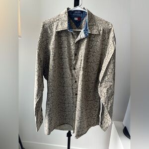 Tommy Hilfiger Button Down Shirt Mens XL Paisley Tan White EUC Long Sleeve